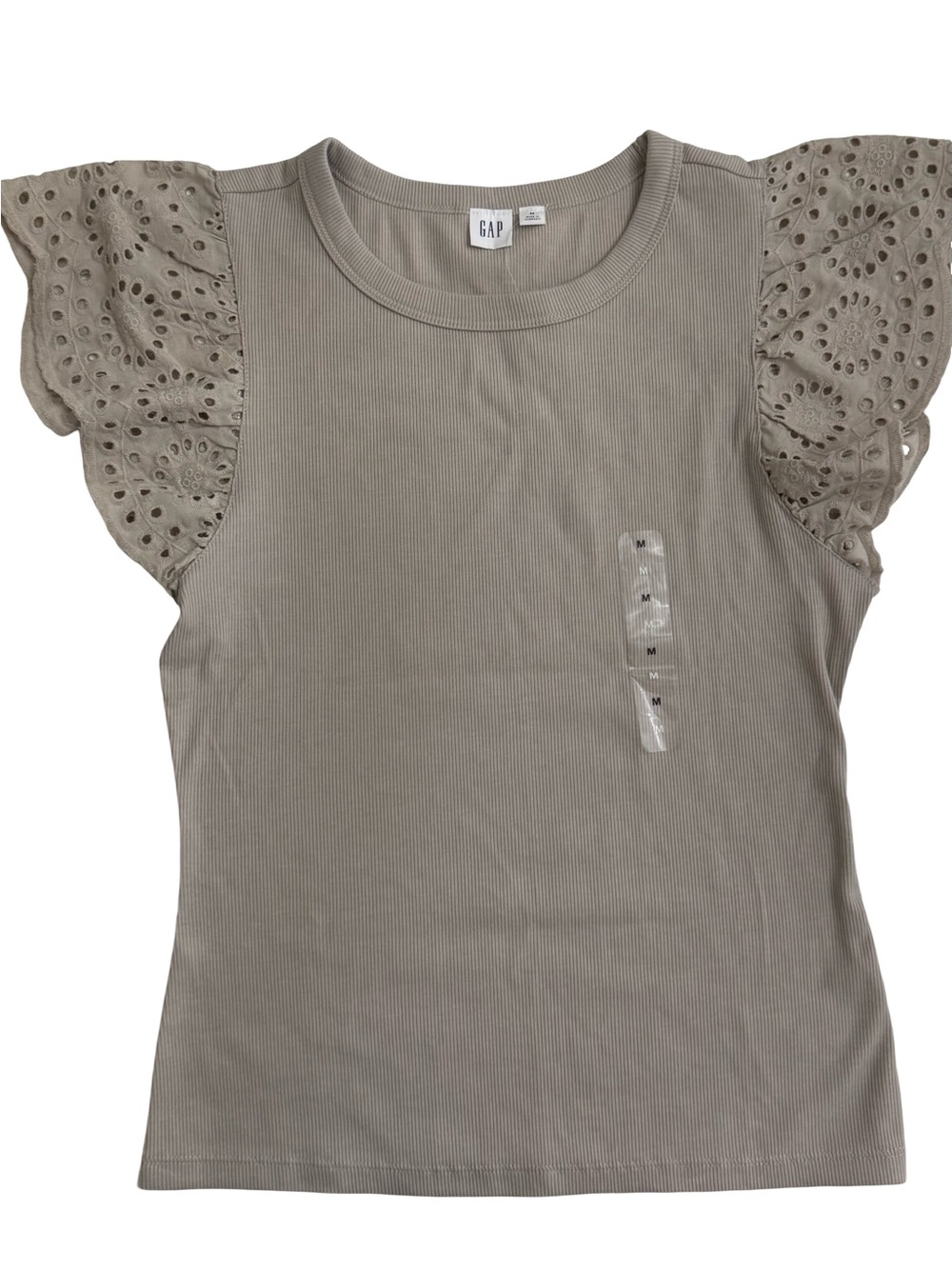 Gap Eyelet Flutter Sleeve Ribbed Top Gray Medium
